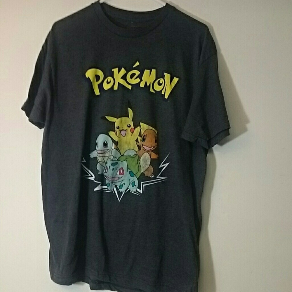 Pokémon, gray t-shirt.